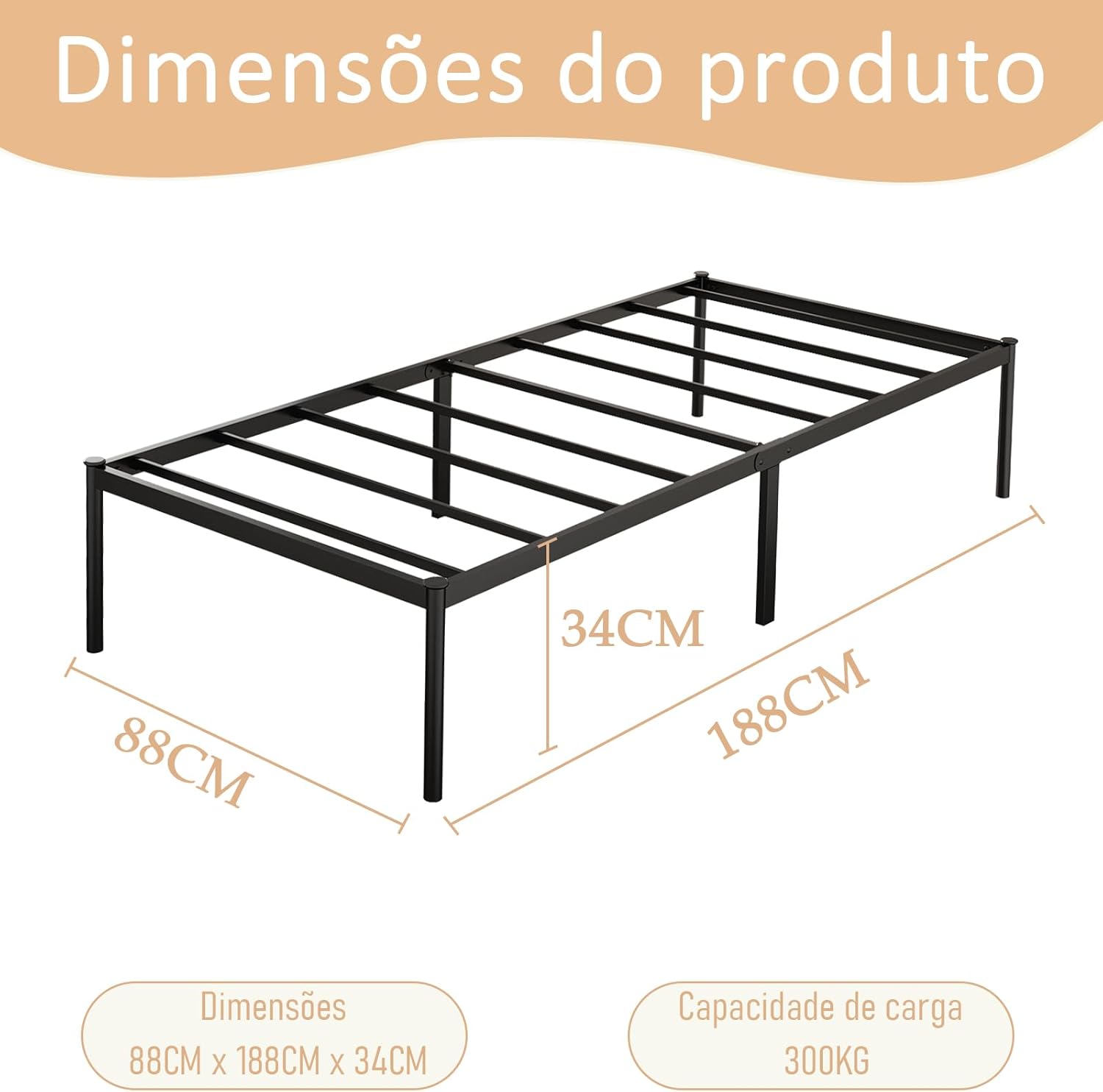 Estrutura De Cama De Metal, Não Precisa de Box Spring,Com Espaço De Armazenamen Cor Preto (TWIN)