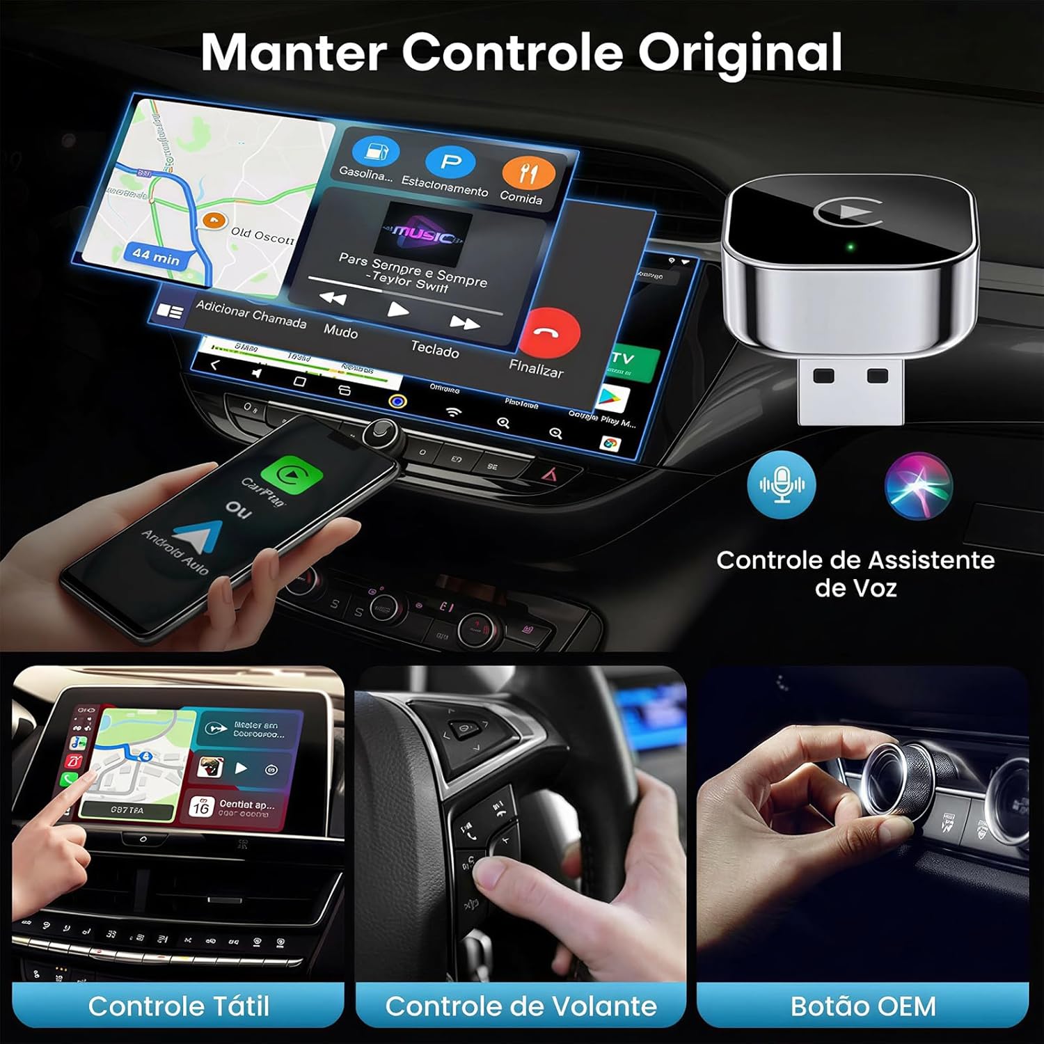 Adaptador CarPlay Sem Fio e Android Auto Sem Fio, Dongle USB 2 em 1 Plug &amp; Play, Conexão Rápida, Suporte Navegação, Música e Siri, Para iOS e Android
