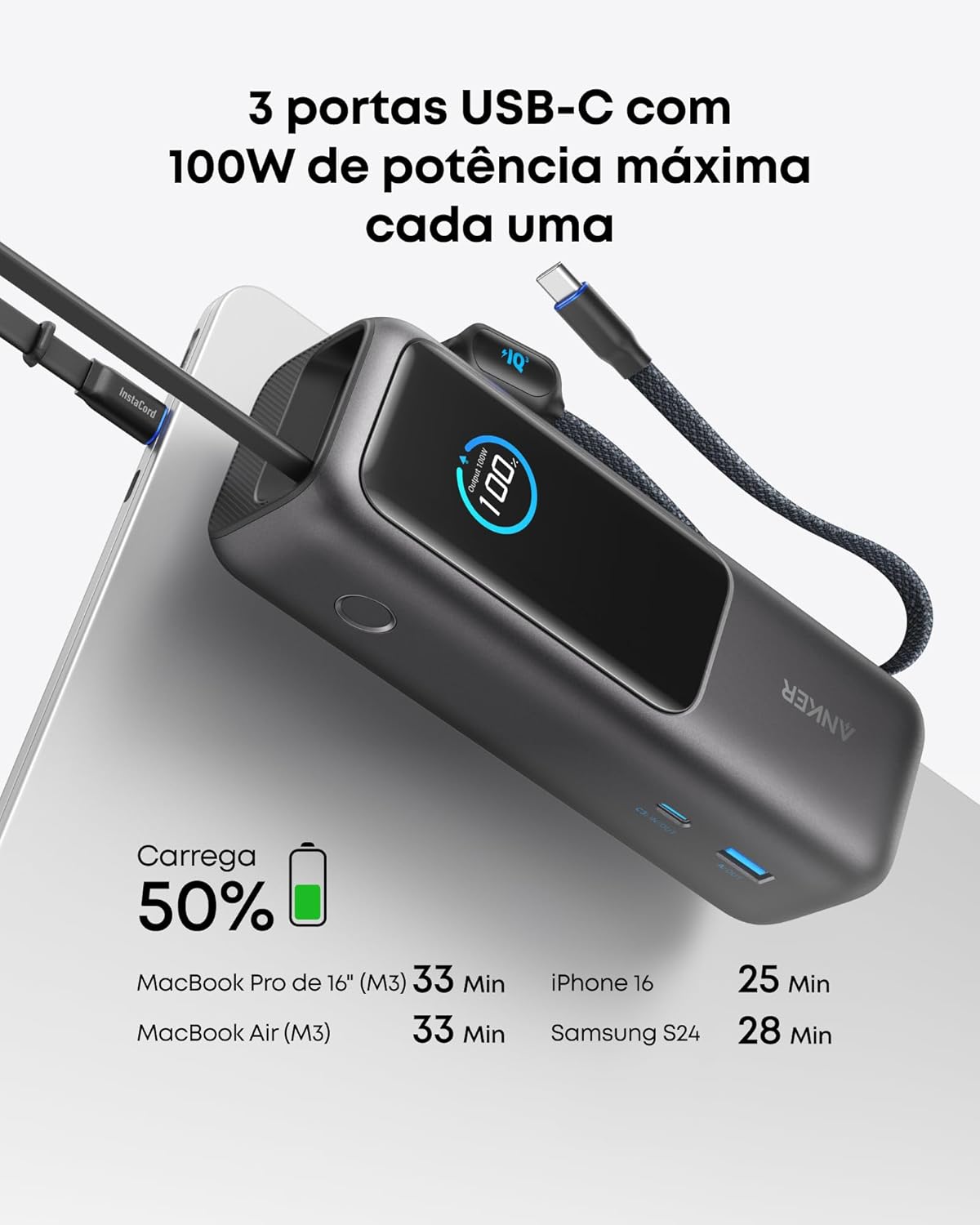 Anker Laptop Power Bank, 25.000mAh Carregador Portátil para Notebook,3-Portas 165W USB-C,Cabos Retráteis Integrados