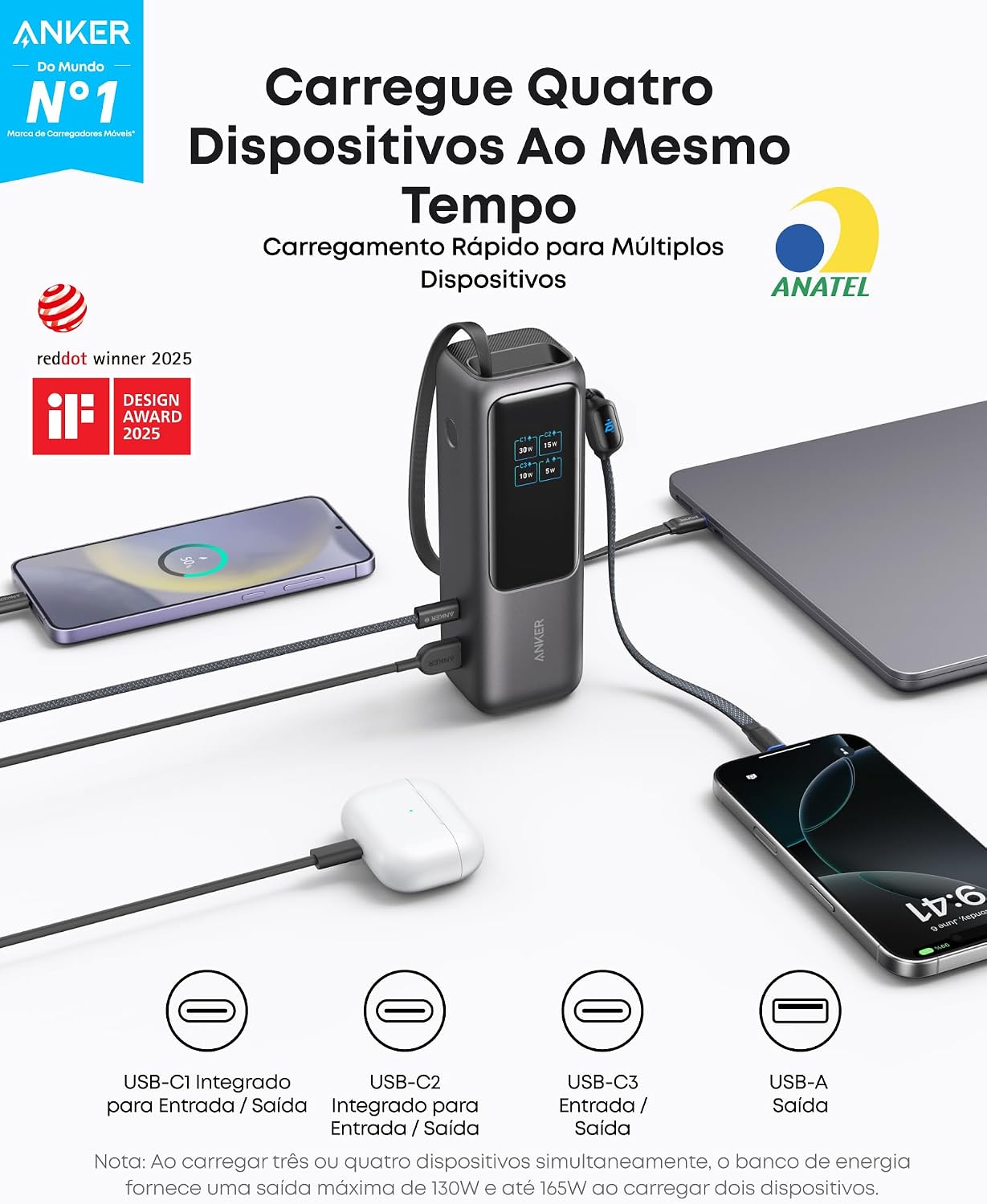 Anker Laptop Power Bank, 25.000mAh Carregador Portátil para Notebook,3-Portas 165W USB-C,Cabos Retráteis Integrados