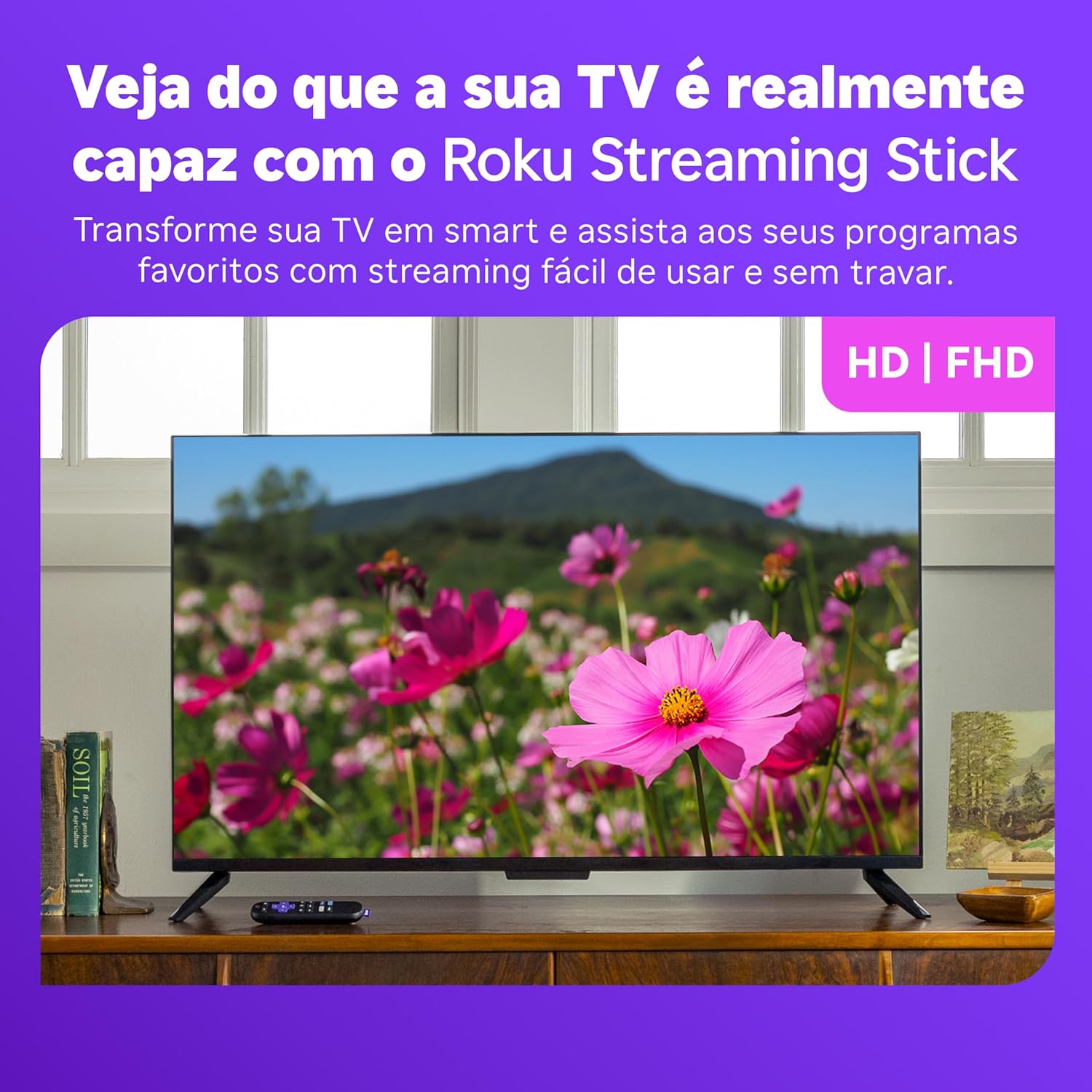 Roku Streaming Stick HD 2025 | Dispositivo de streaming para TV HD/FHD com controle remoto por comando de voz compatível com Alexa, Siri e Google
