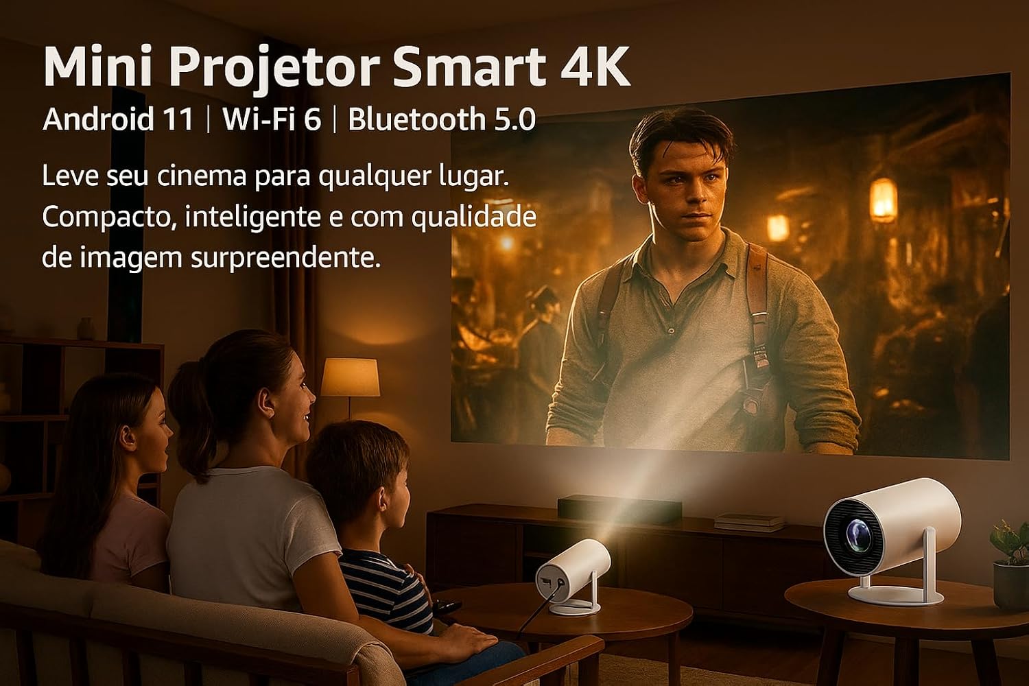 Mini Projetor Portátil 5G Wi-Fi 6 Bluetooth 5.0 Android 11 4K 1080P Full HD 8000 Lumens LED Auto Correção Trapezoidal Horizontal Rotação 180° Ideal para Projeções Cinemáticas
