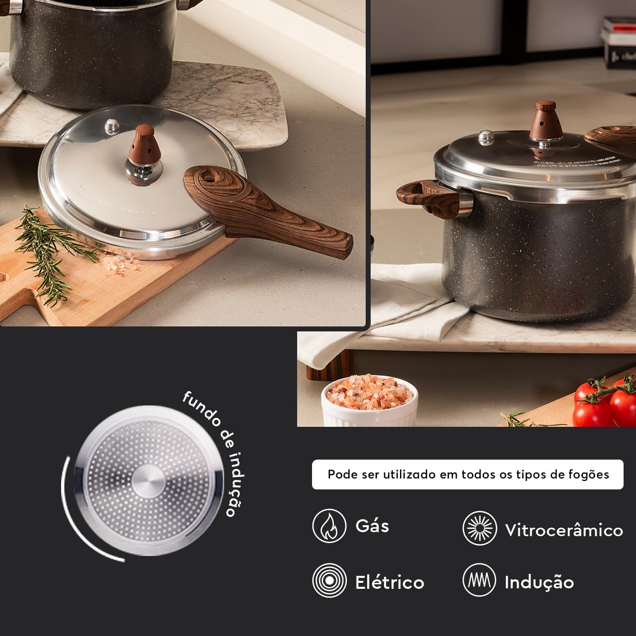 Panela de Pressão Brinox 6,8L Ceramic Life Pressure Revestimento Cerâmico Com Indução Granito