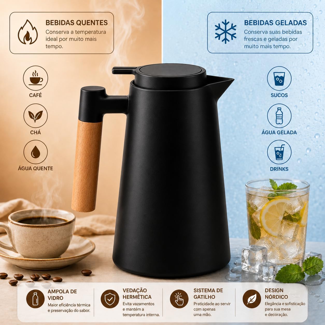 Garrafa Térmica Nórdica 1L com Cabo em Madeira Premium Conserva Quente e Gelado Design Escandinavo Premium Preta para Café e Chá Tampa Rosqueável com Sistema de Pressão Mesa Posta Preto