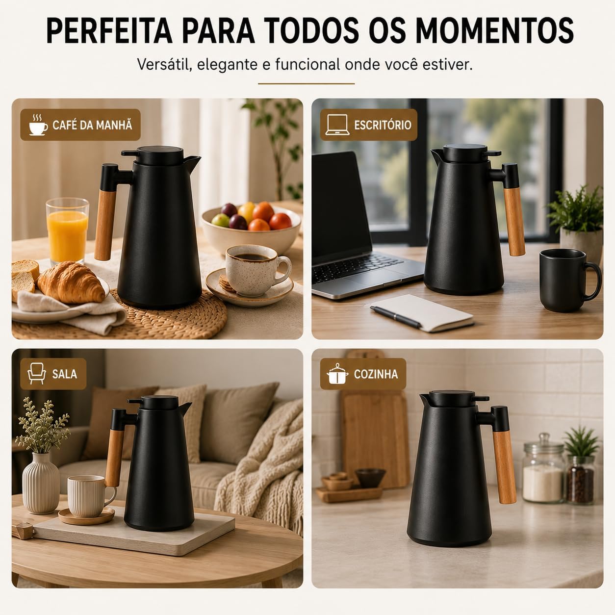 Garrafa Térmica Nórdica 1L com Cabo em Madeira Premium Conserva Quente e Gelado Design Escandinavo Premium Preta para Café e Chá Tampa Rosqueável com Sistema de Pressão Mesa Posta Preto
