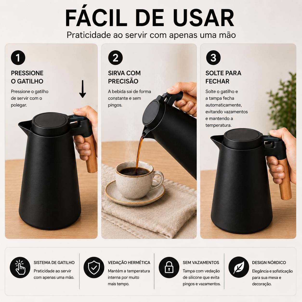 Garrafa Térmica Nórdica 1L com Cabo em Madeira Premium Conserva Quente e Gelado Design Escandinavo Premium Preta para Café e Chá Tampa Rosqueável com Sistema de Pressão Mesa Posta Preto