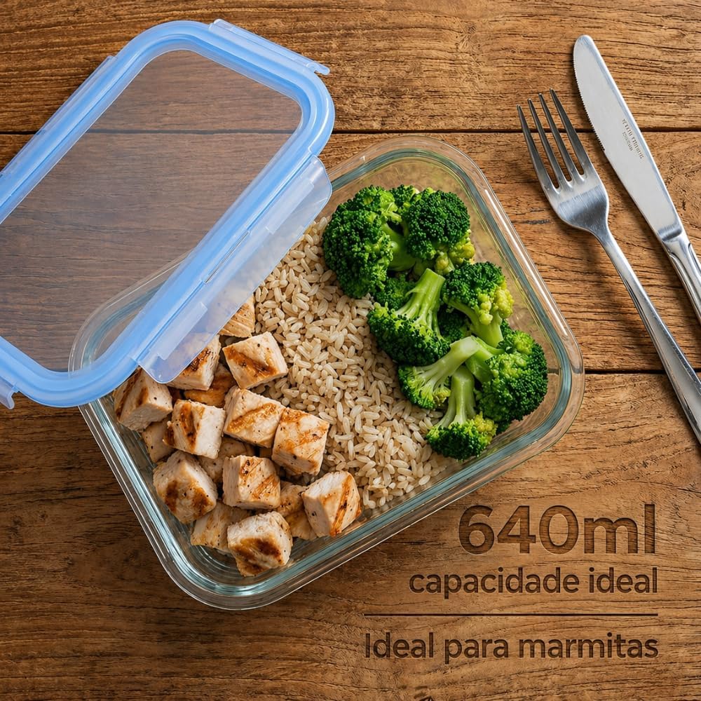 Kit 10 Potes de Vidro Herméticos 640ml com 4 Travas Ideal para Marmitas e Conservação de Alimentos, Vedação Total, Refratário para Forno e Freezer