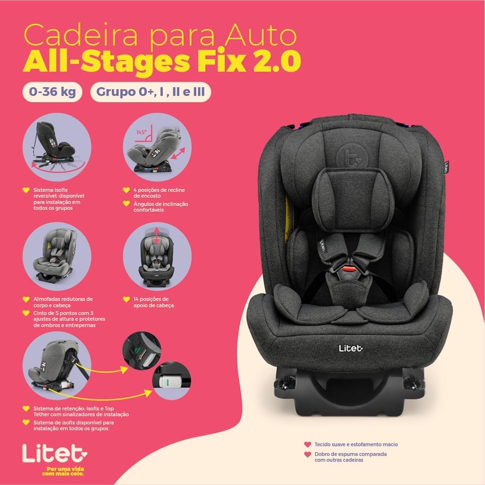 Cadeira para Auto 0-36Kg Isofix Litet All Stages Fix 2.0 Preta e Cinza - BB452