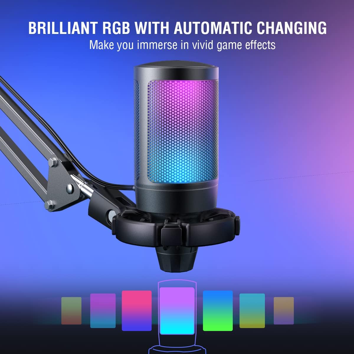 FIFINE Gaming PC Microfone USB, Microfone Condensador para Podcast com Braço,Filtro Pop,Botão Mudo para Streaming,Twitch,Chat Online,Mic RGB para Computador para PS4/5 y Jogadores e Youtuber-A6T