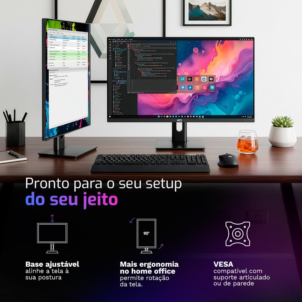 Monitor HQ Pro 24” LED, 100Hz Full HD, Ergonômico, Ajuste de Altura e Rotação, frameless, HDMI + DP – HQ24AJ100