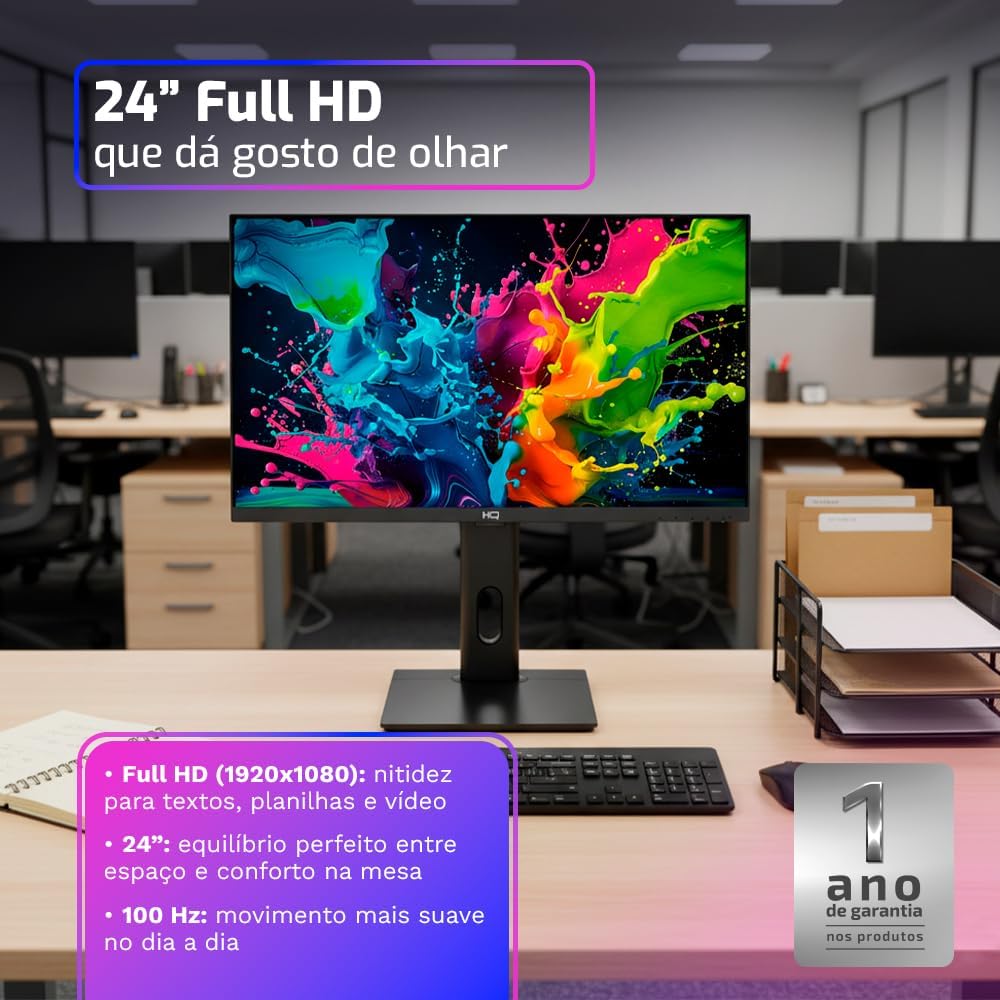 Monitor HQ Pro 24” LED, 100Hz Full HD, Ergonômico, Ajuste de Altura e Rotação, frameless, HDMI + DP – HQ24AJ100