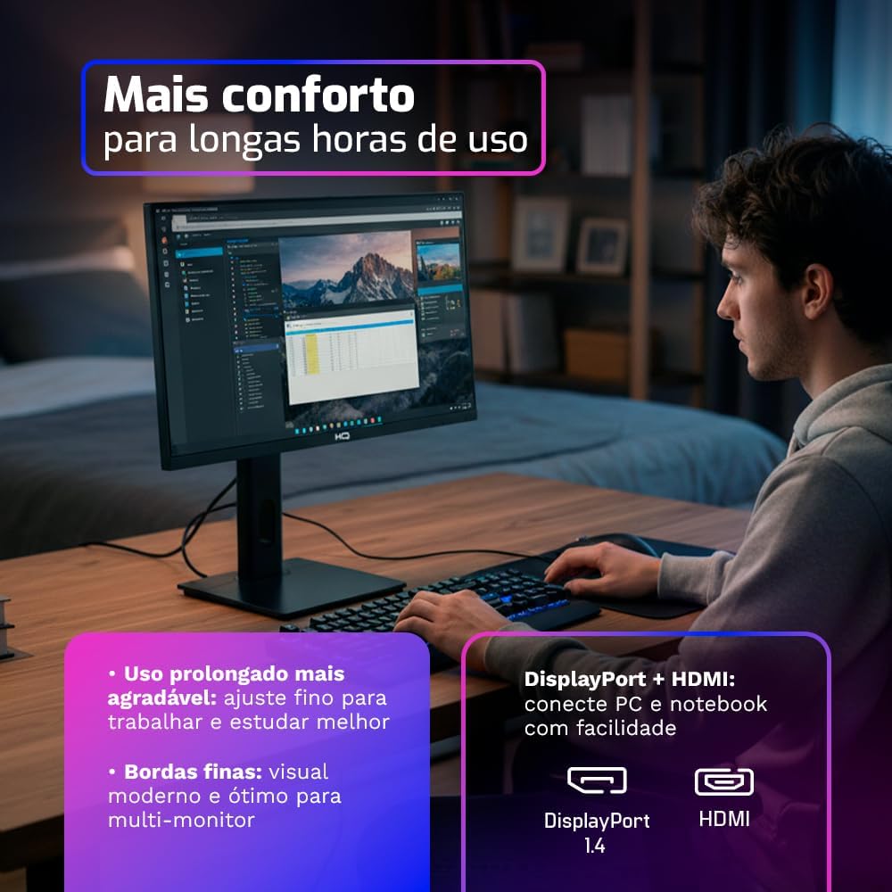 Monitor HQ Pro 24” LED, 100Hz Full HD, Ergonômico, Ajuste de Altura e Rotação, frameless, HDMI + DP – HQ24AJ100