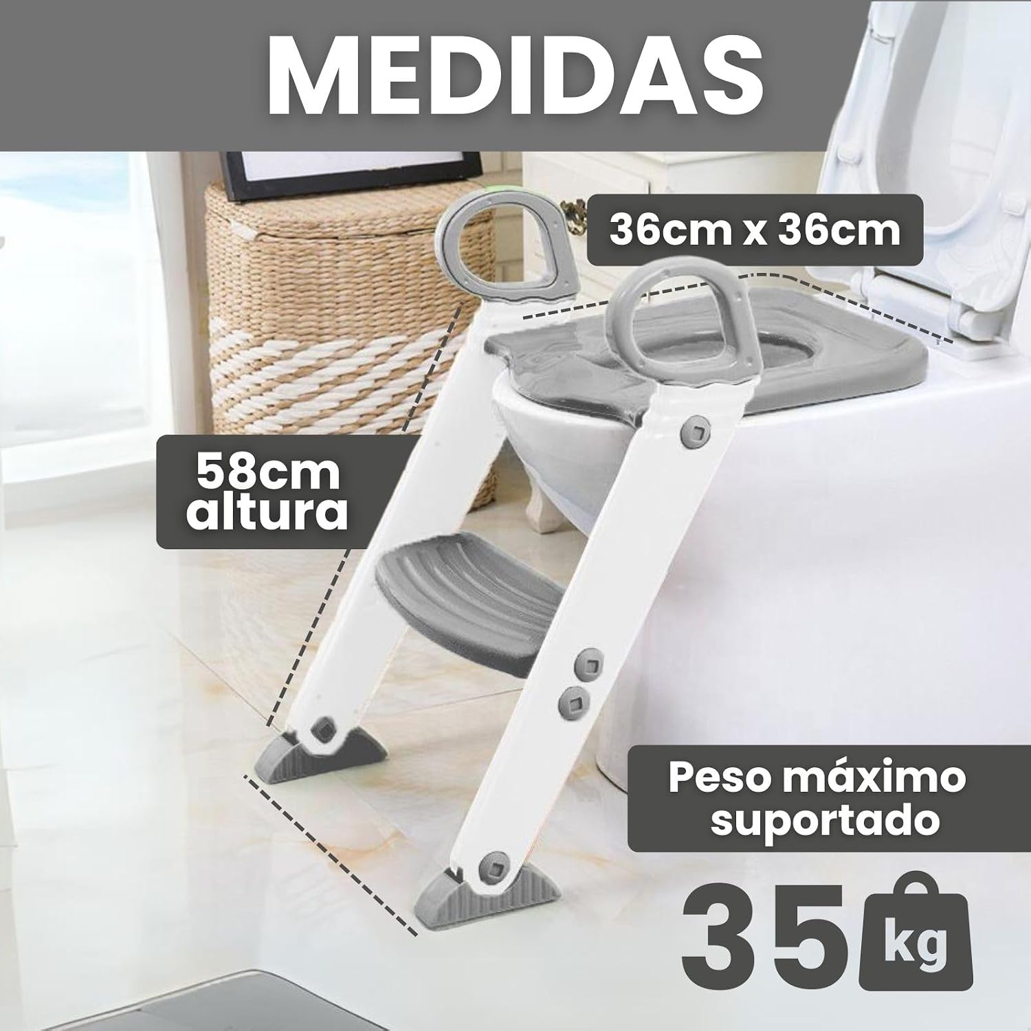 Assento Redutor Infantil Vaso Sanitário Privada Com Escada Trono Troninho (Cinza)