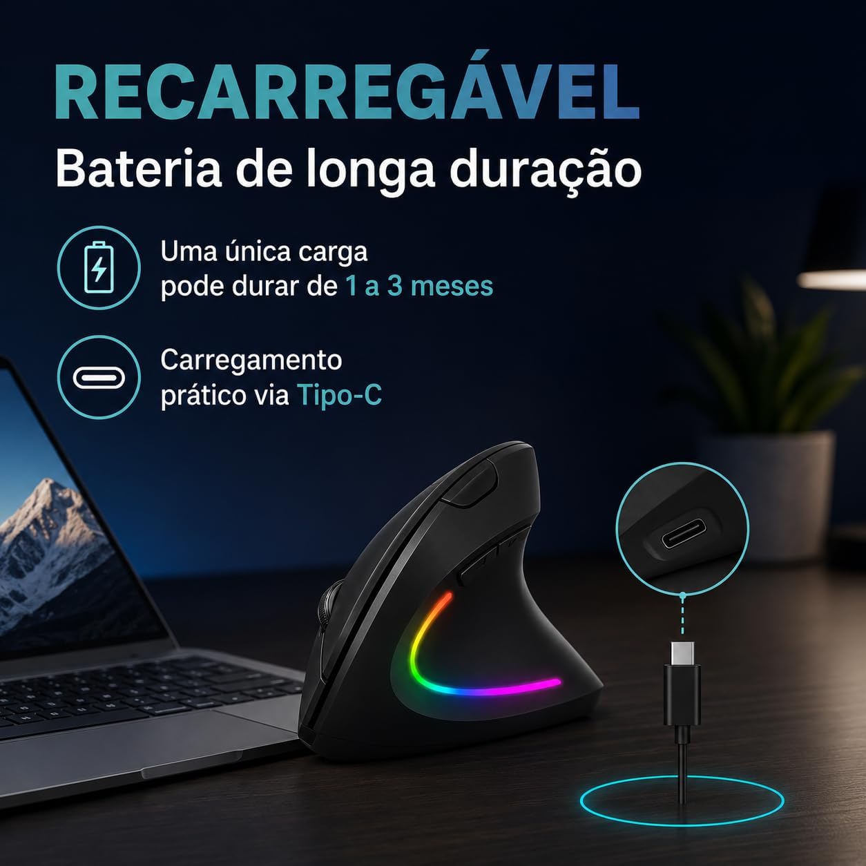 Mouse Vertical Ergonômico Recarregável Sem Fio, Dual Mode Bluetooth + 2.4G USB, Cliques Silenciosos, RGB, Compatível com PC e Notebook