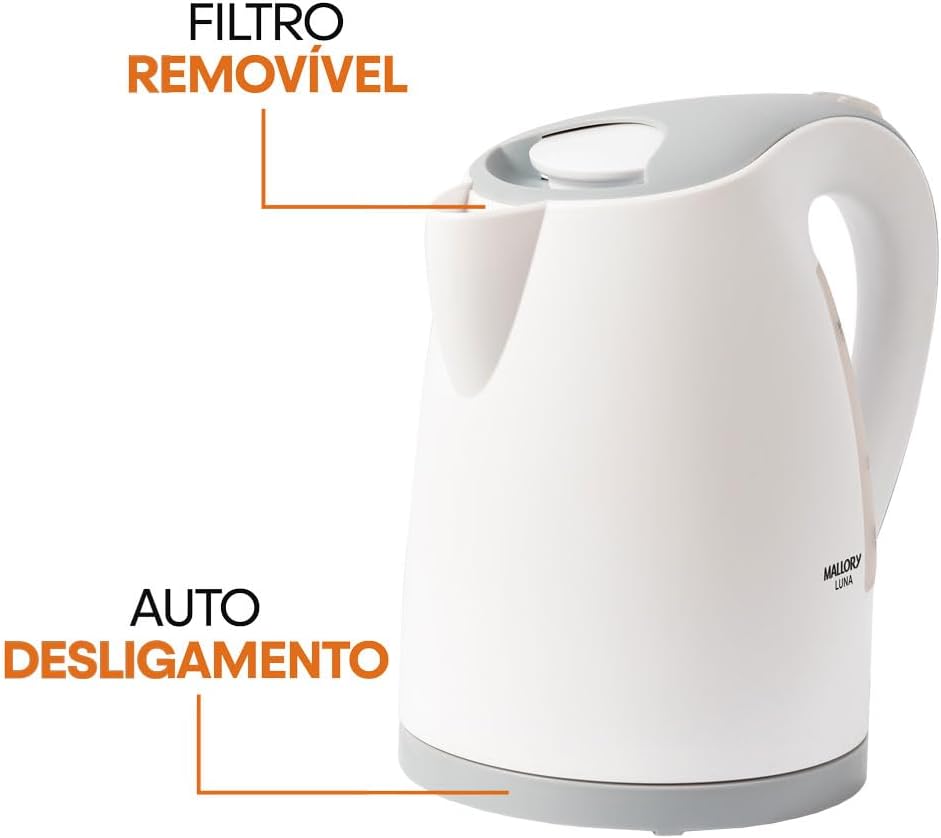 Chaleira Elétrica Mallory Luna – 1,7L, Base Rotativa 360º, Desligamento Automático, Indicador de Nível de Água - 220V