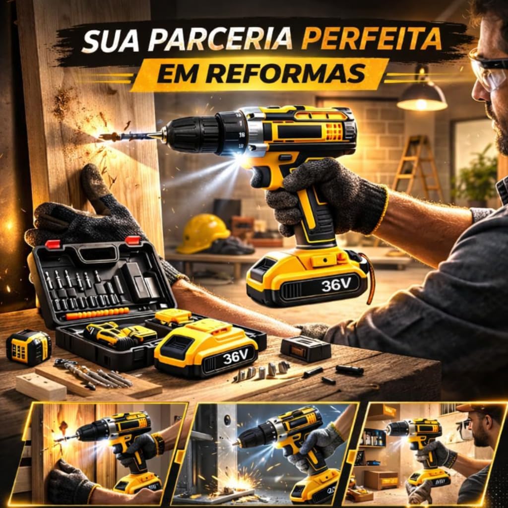 Furadeira e Parafusadeira de Impacto Sem Fio com LED 2 Baterias Recarregáveis Bi-volt e Acessórios Maleta Completa para Uso Profissional e Doméstico Linha Premium