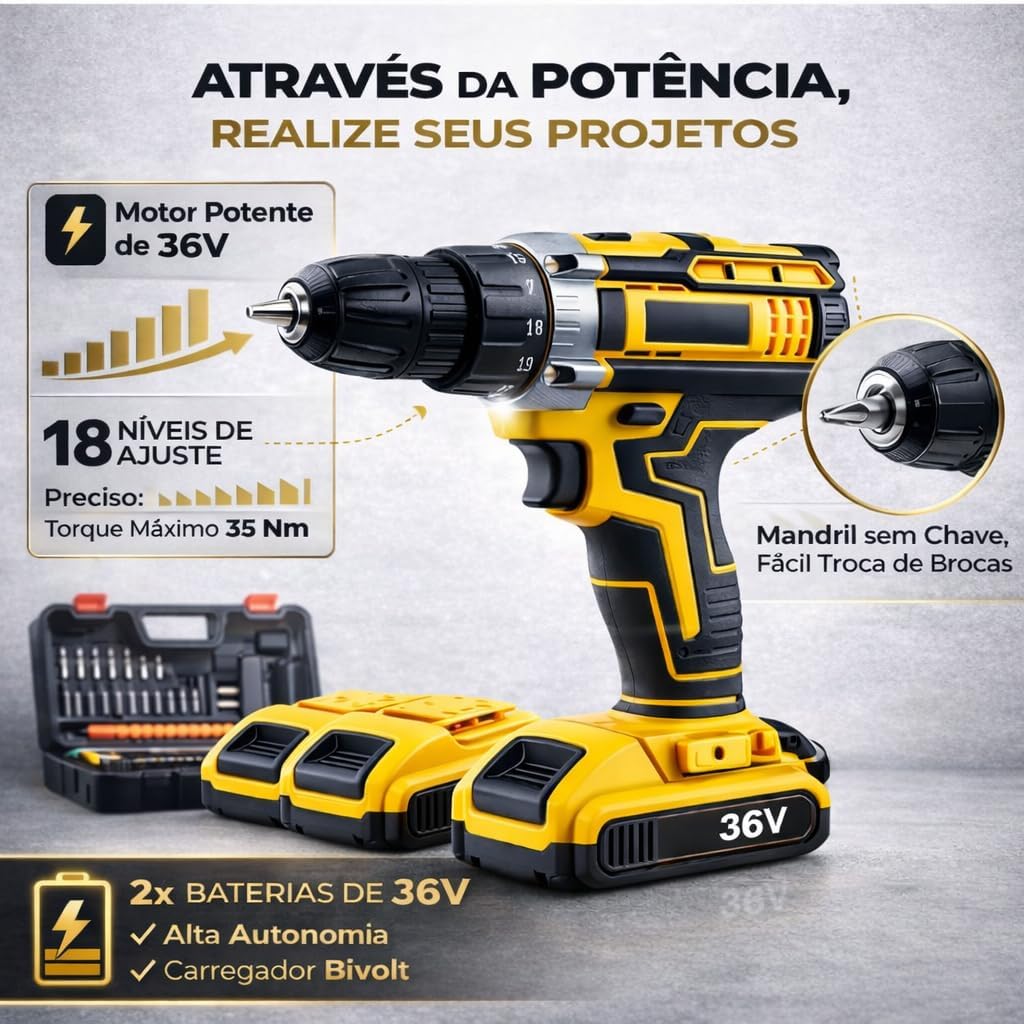 Furadeira e Parafusadeira de Impacto Sem Fio com LED 2 Baterias Recarregáveis Bi-volt e Acessórios Maleta Completa para Uso Profissional e Doméstico Linha Premium