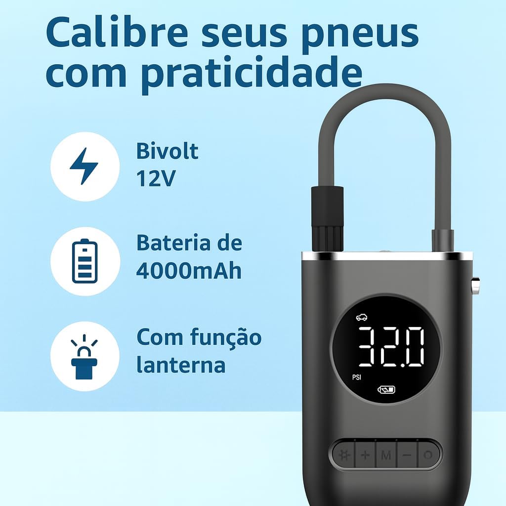 Calibrador Compressor Bomba De Ar Portátil Digital Mini Com Lanterna LED para Encher Pneus de Carro, Moto, Bike, Bicicleta, Bola e Piscina Inflável