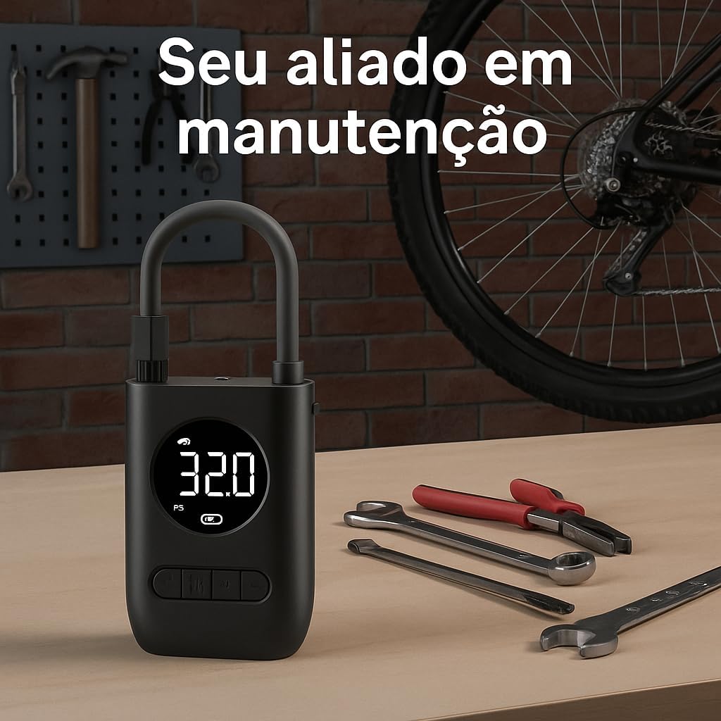 Calibrador Compressor Bomba De Ar Portátil Digital Mini Com Lanterna LED para Encher Pneus de Carro, Moto, Bike, Bicicleta, Bola e Piscina Inflável