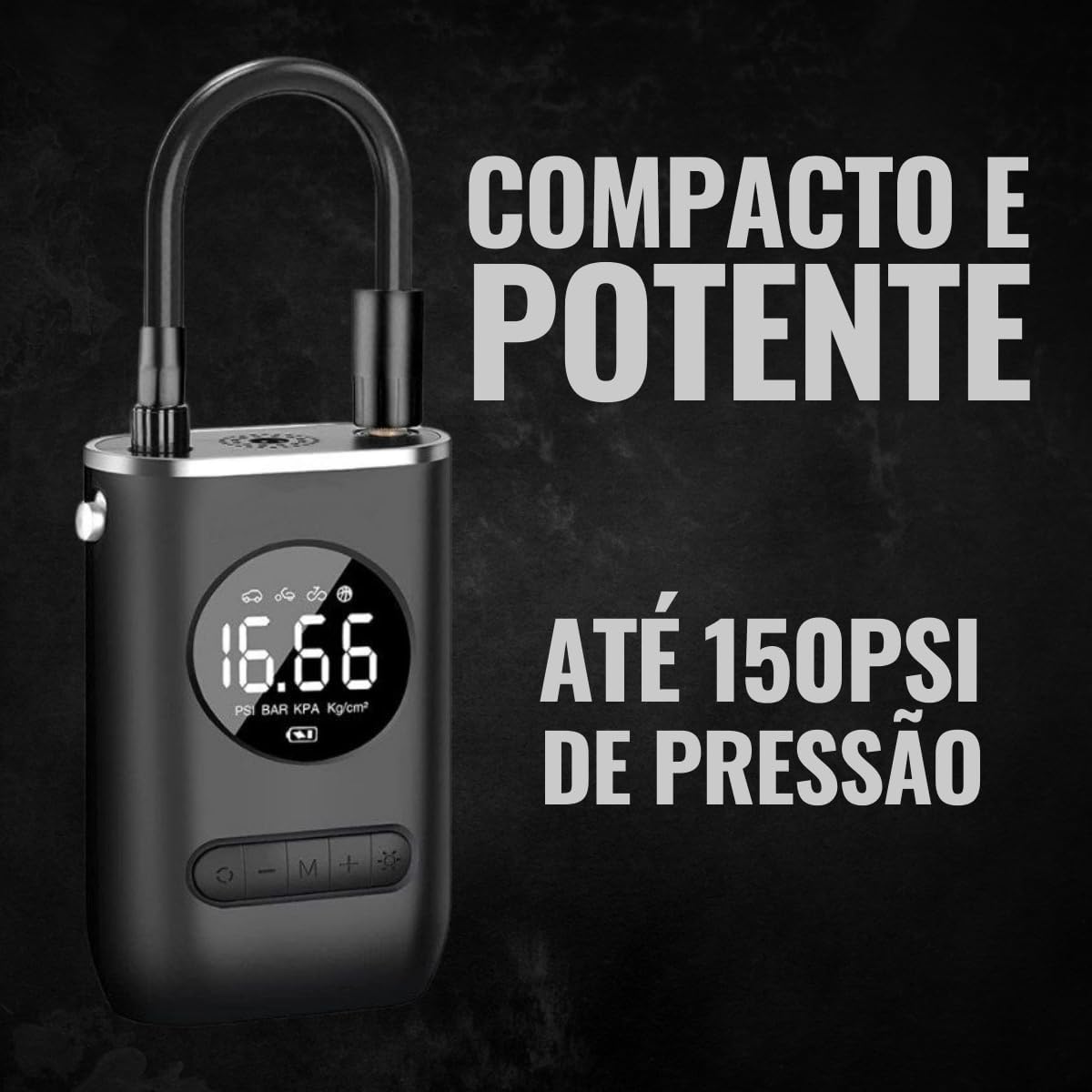 Calibrador Portátil Compressor Bomba De Ar Digital Com Lanterna LED para Encher Pneus de Carro, Moto, Bike, Bicicleta, Bola e Piscina Inflável Premium