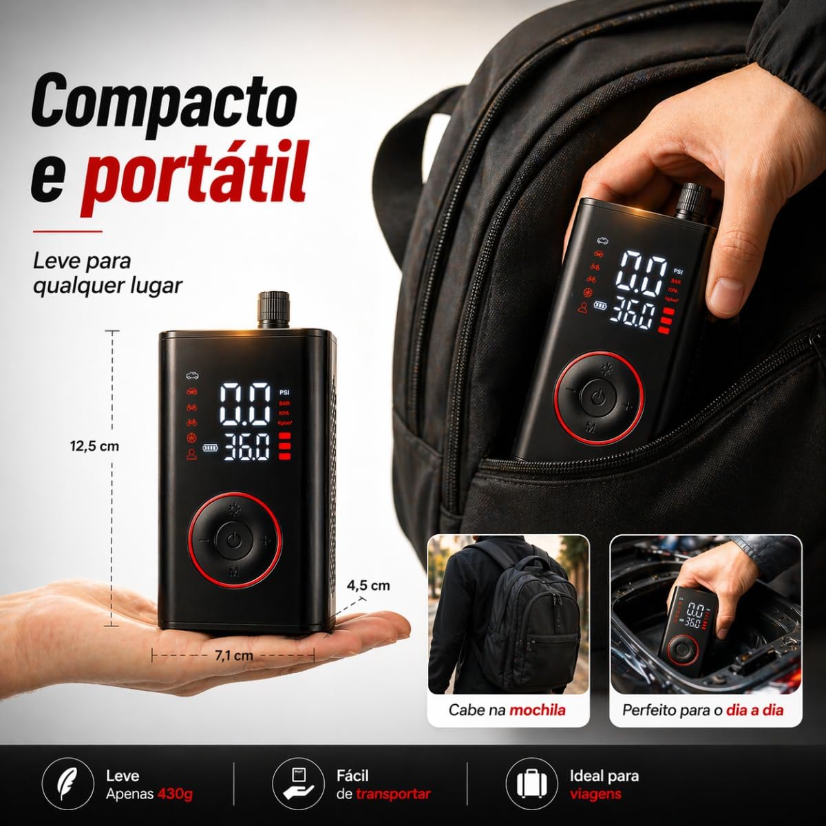 Compressor de Ar Portátil Premium Mini Calibrador Bomba de Ar Digital Para Encher Pneus de Carro, Moto, Bike, Bola e Infláveis Recarregável Sem Fio Com Lanterna LED - Carrega o Celular