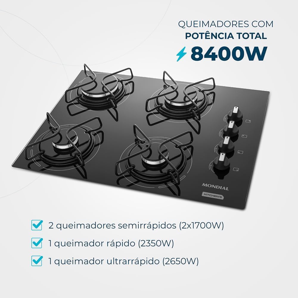MONDIAL Cooktop a Gás, 4 Bocas, Preto/Inox, Bivolt - CTG-01