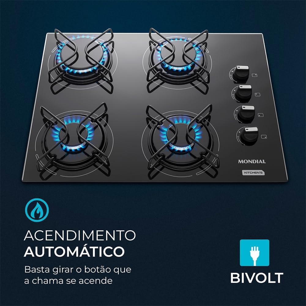 MONDIAL Cooktop a Gás, 4 Bocas, Preto/Inox, Bivolt - CTG-01