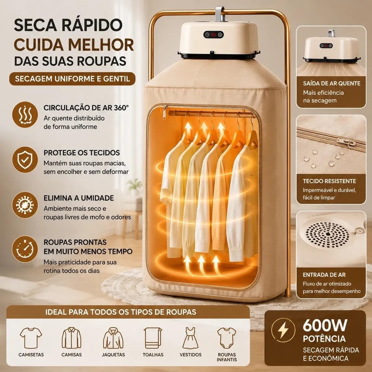 Secador de Roupas Elétrico Portátil 110V, Compacto e Leve