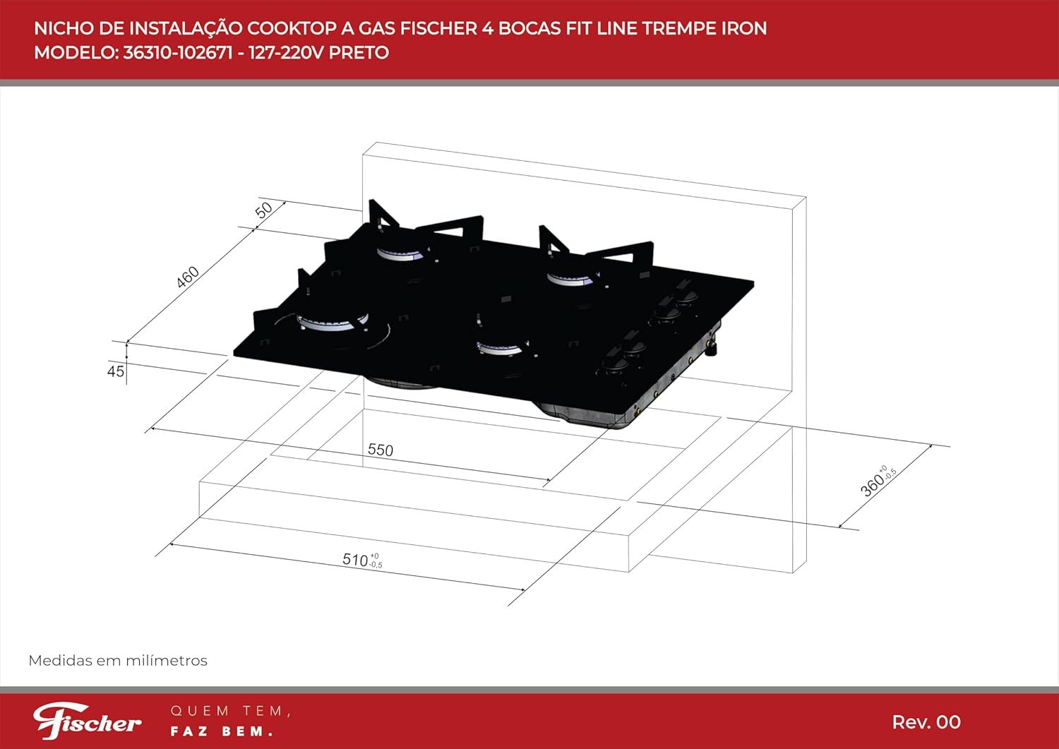 FISCHER COOKTOP À GÁS 4 BOCAS FIT LINE TREMPE IRON MESA VIDRO PRETO BIVOLT 36310-102671