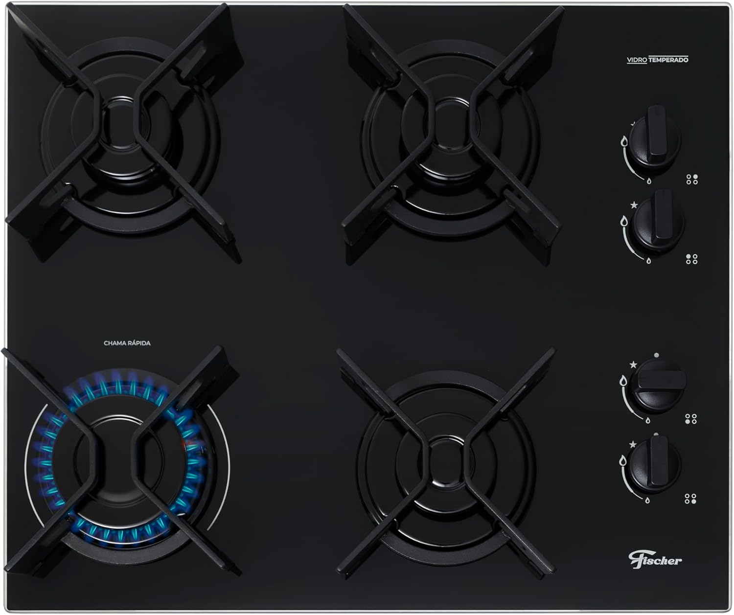 FISCHER COOKTOP À GÁS 4 BOCAS FIT LINE TREMPE IRON MESA VIDRO PRETO BIVOLT 36310-102671