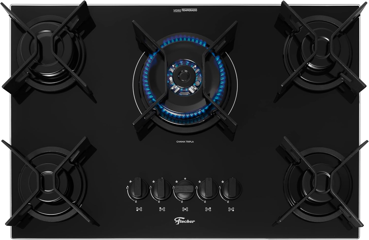 FISCHER COOKTOP À GÁS 5 BOCAS TRIPLA CHAMA FIT LINE TREMPE IRON MESA VIDRO PRETO BIVOLT 36340-102674