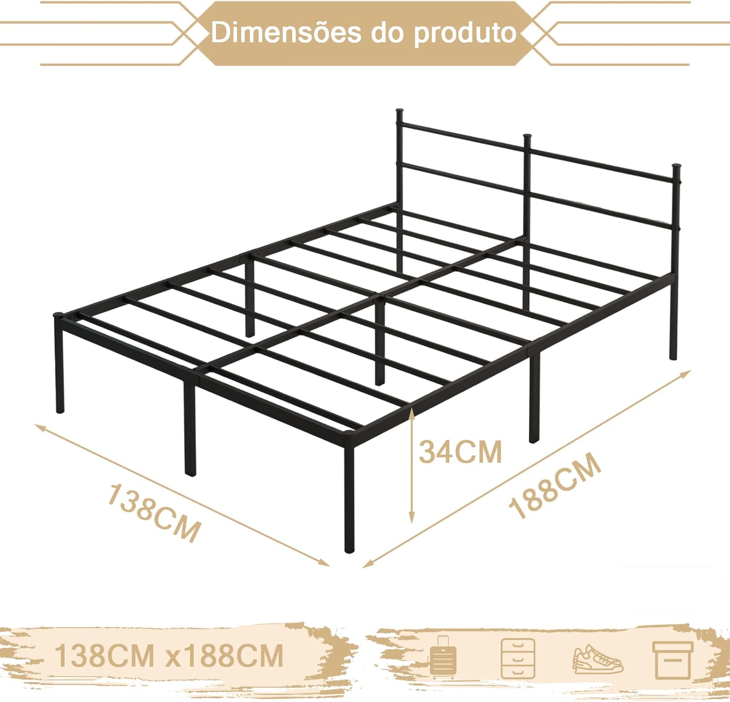 Cama de Casal Padrão (138x188) com Cabeceira Integrada de Ferro, Base Metálica Reforçada, Design Minimalista