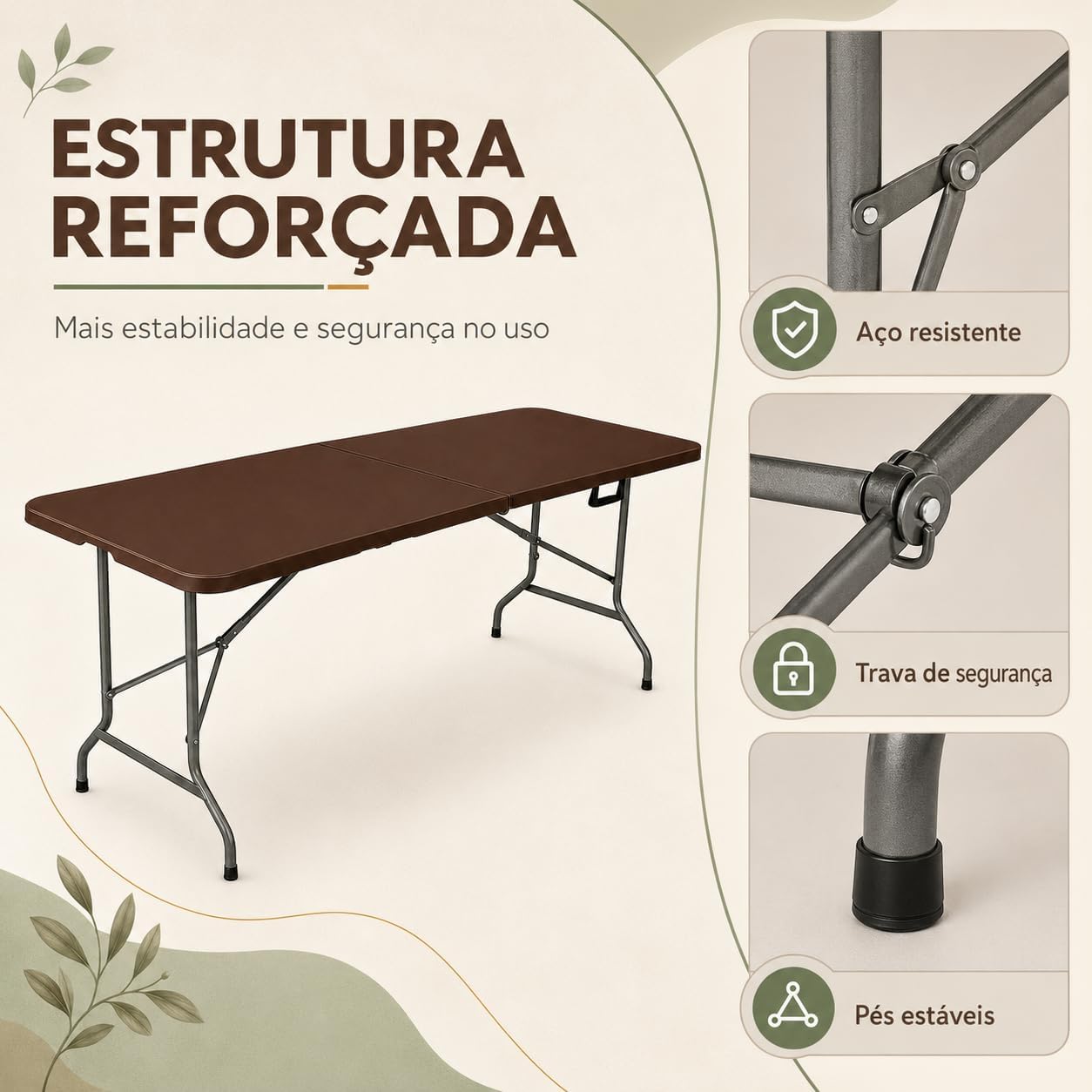 Mesa Dobrável PortátilMarrom 1,80m Tipo Maleta para Piquenique Camping Jardim Cozinha com Alça, Suporta até 150kg