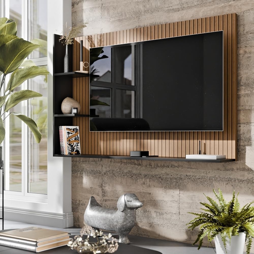 Painel Para TV 50 Polegadas Sala/Quarto Nicho Prateleira Berlim (Ripado/Preto)