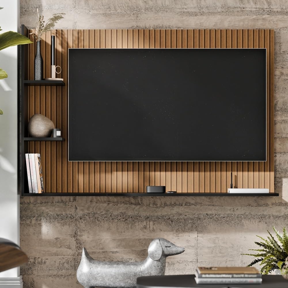 Painel Para TV 50 Polegadas Sala/Quarto Nicho Prateleira Berlim (Ripado/Preto)