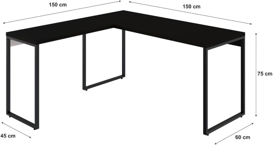Mesa de Escritório em L Estilo Industrial 1,50mX1,50m Kuadra, Compace, Preto Ônix/Est.Preta