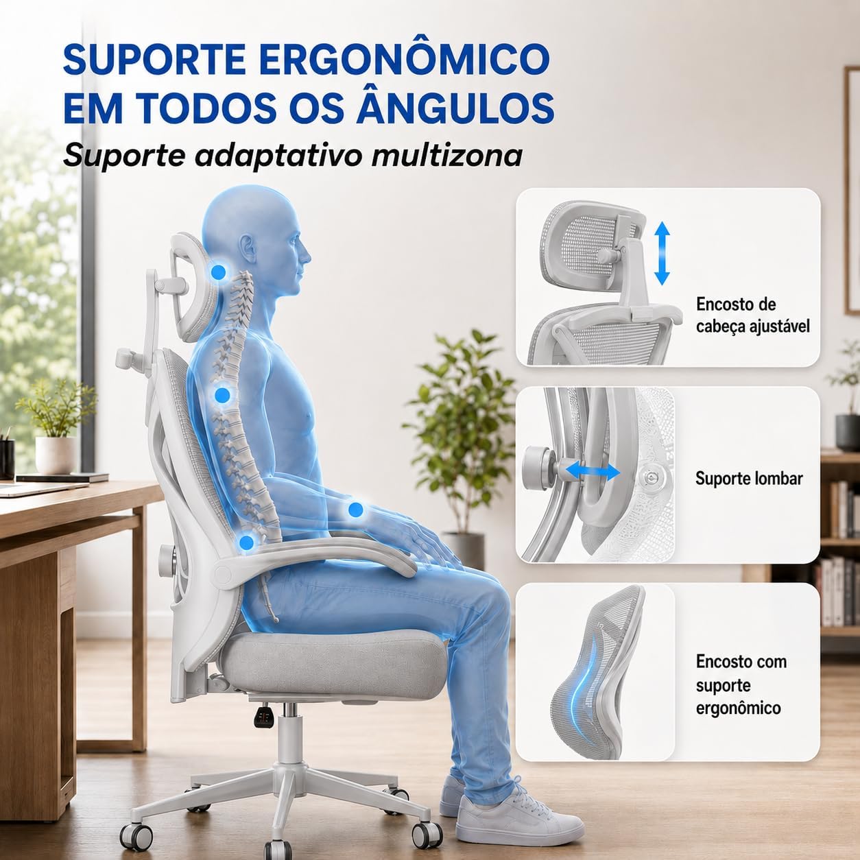 Cadeira de Escritório — Design Ergonômico para Home Office com Suporte Lombar Independente | Encosto de Cabeça Ajustável, Malha Mesh Respirável, Reclinável, Altura e Braços Ajustável (Cinza)