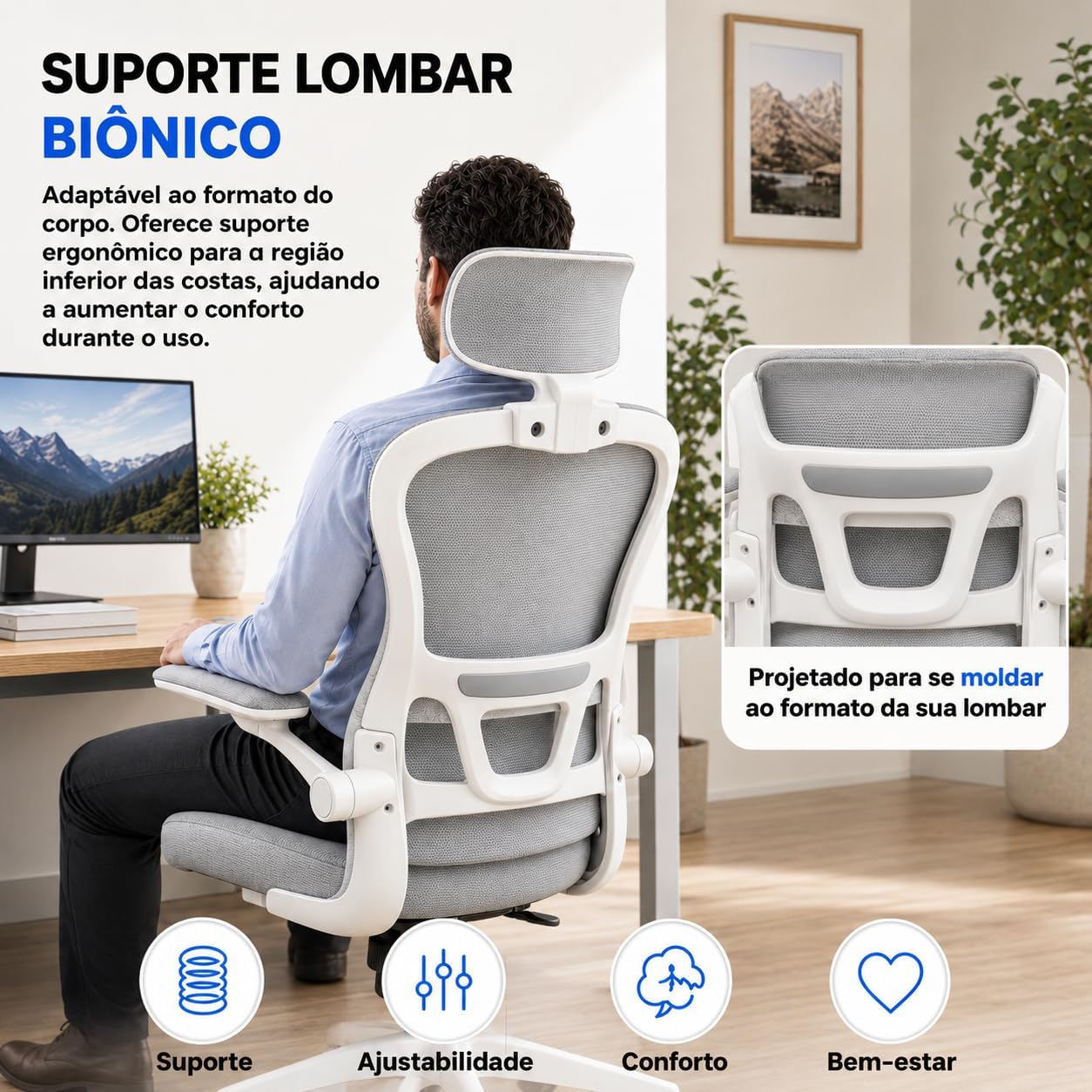 Cadeira de Escritório — Design Ergonômico para Home Office com Suporte Lombar Independente | Encosto de Cabeça Ajustável, Malha Mesh Respirável, Reclinável, Altura e Braços Ajustável (Cinza)