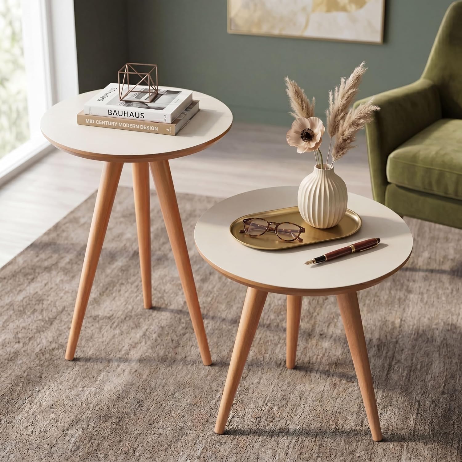 Kit Mesa Apoio e Lateral de Sofá Retrô Classic com 3 Pernas Decoração - Off White/Freijo