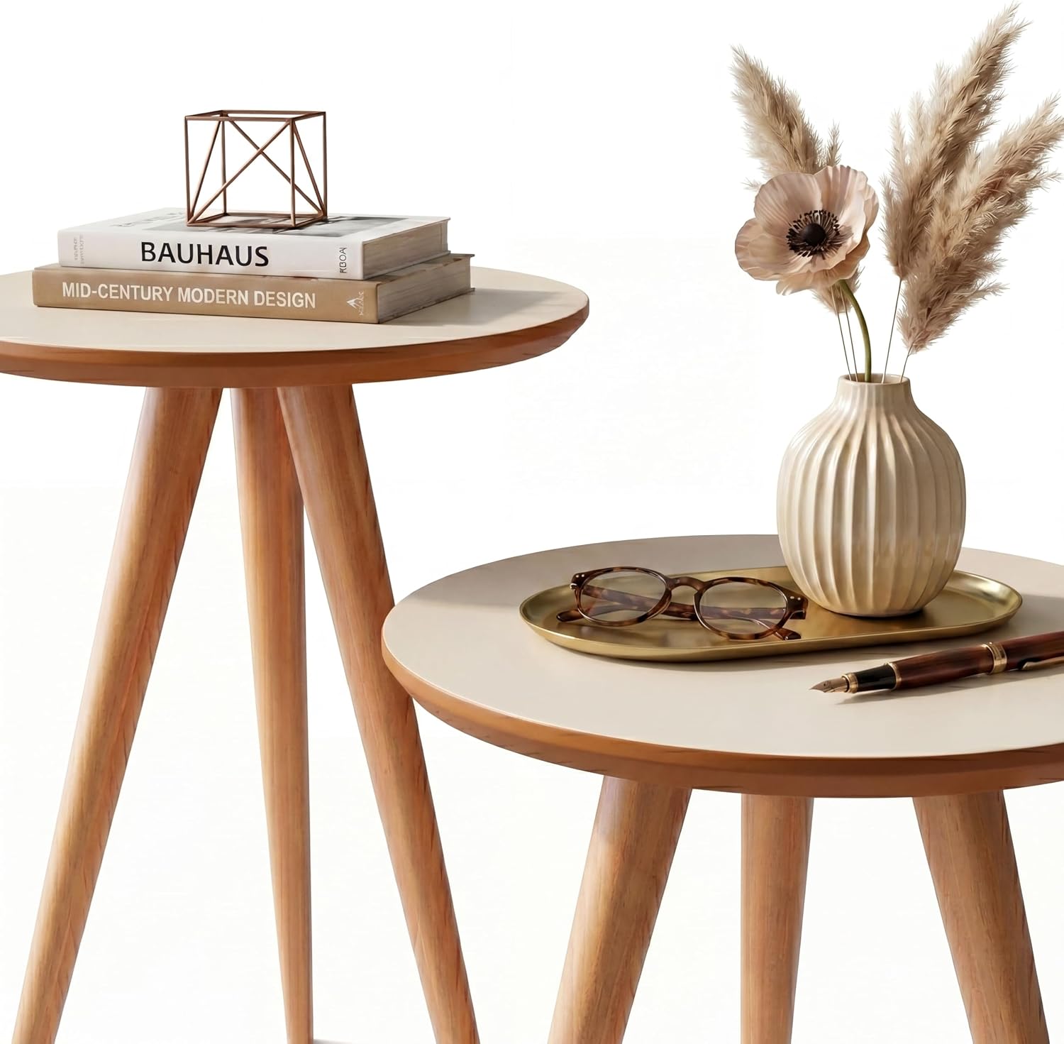 Kit Mesa Apoio e Lateral de Sofá Retrô Classic com 3 Pernas Decoração - Off White/Freijo