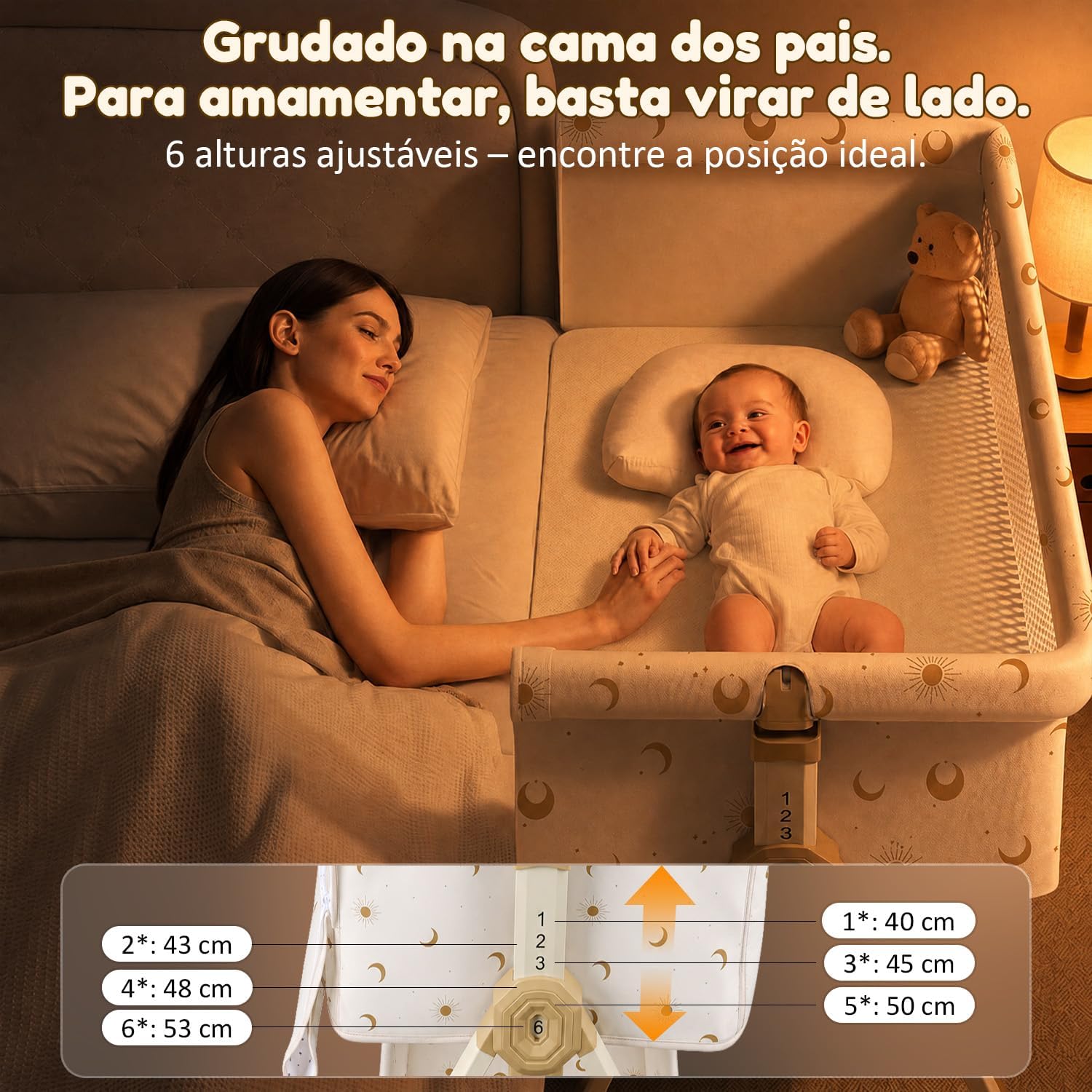 6 em 1 Berço Portátil, Moises para bebe com Fraldário e Mosquiteiro, Acoplado à Cama com Suporte Triangular de Aço Carbono, 6 Alturas e Inclinação Antirrefluxo 5°(Bege)