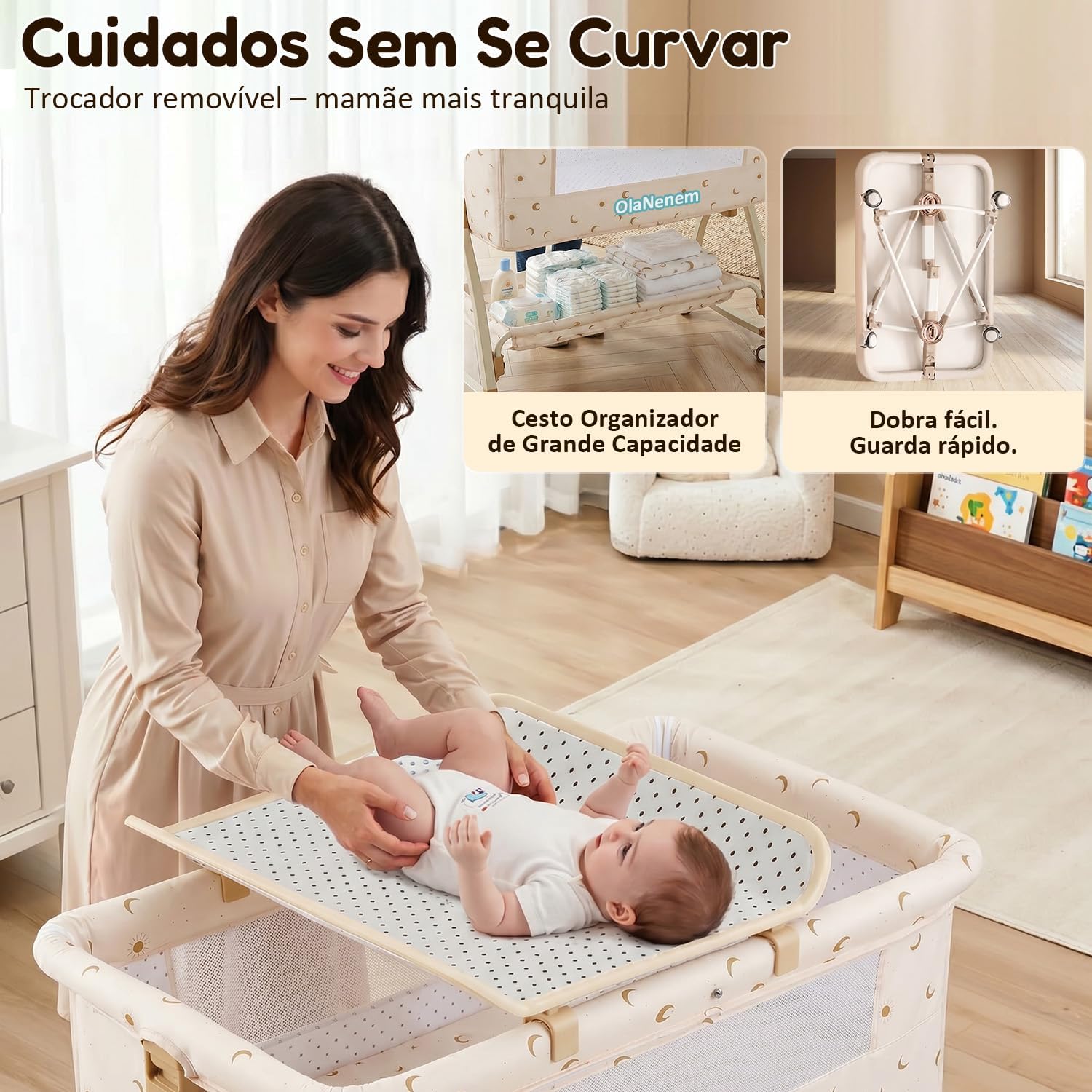 6 em 1 Berço Portátil, Moises para bebe com Fraldário e Mosquiteiro, Acoplado à Cama com Suporte Triangular de Aço Carbono, 6 Alturas e Inclinação Antirrefluxo 5°(Bege)