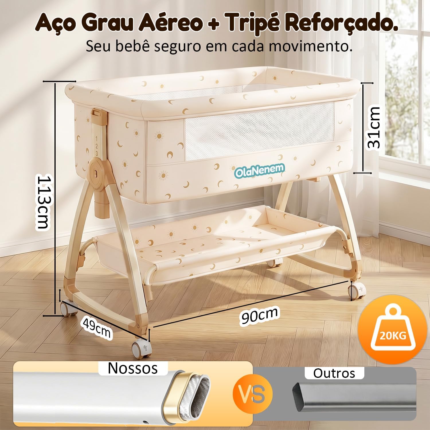 6 em 1 Berço Portátil, Moises para bebe com Fraldário e Mosquiteiro, Acoplado à Cama com Suporte Triangular de Aço Carbono, 6 Alturas e Inclinação Antirrefluxo 5°(Bege)