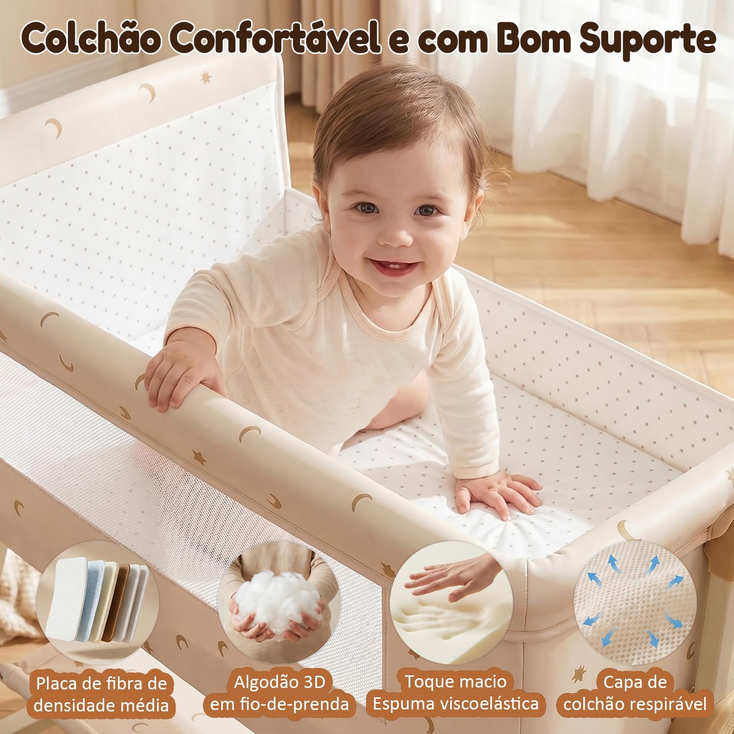 6 em 1 Berço Portátil, Moises para bebe com Fraldário e Mosquiteiro, Acoplado à Cama com Suporte Triangular de Aço Carbono, 6 Alturas e Inclinação Antirrefluxo 5°(Bege)