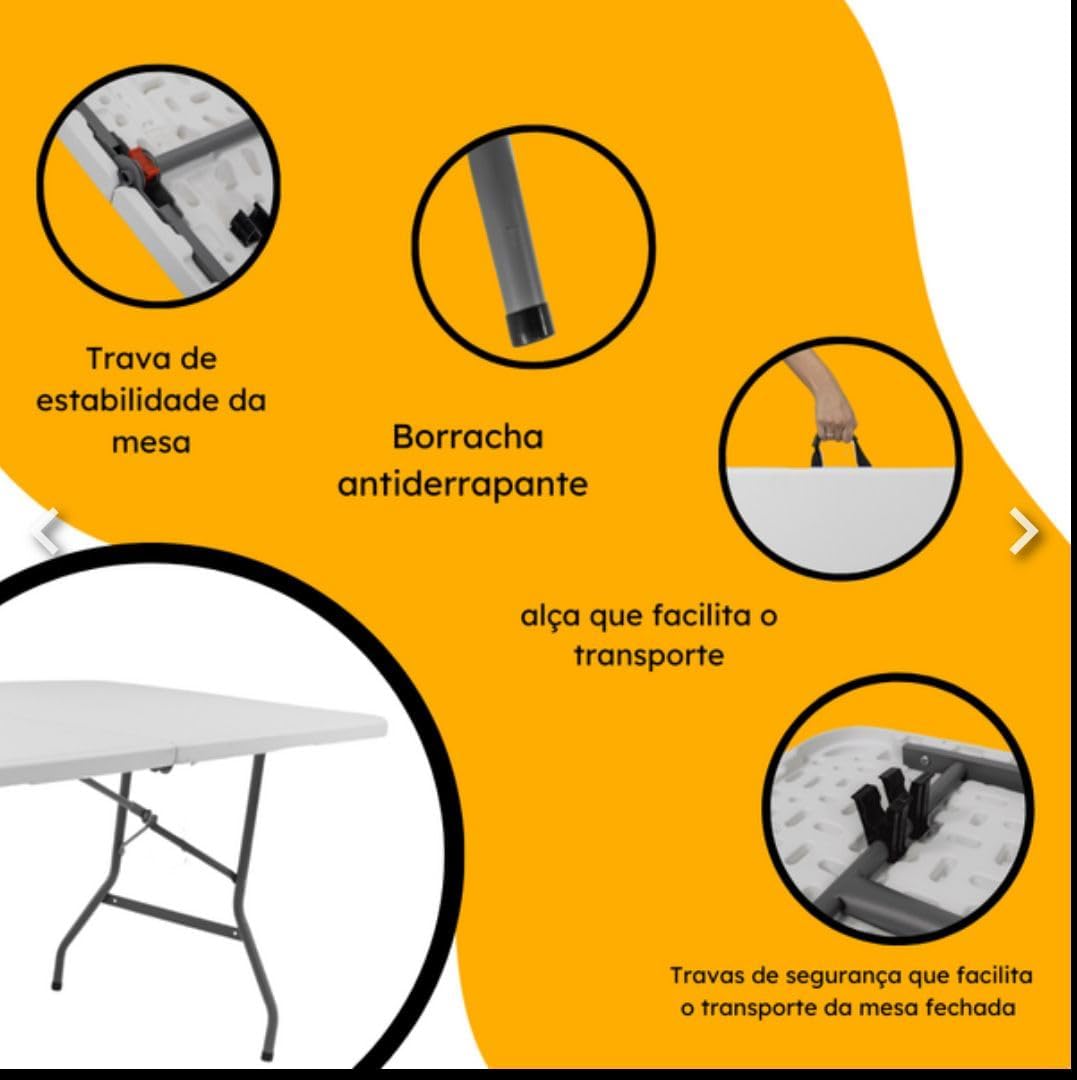 Mesa Dobrável Vira Maleta Com Alça Portátil 1.80m Para Camping Pesca Jardim Área Externa Ou Interna Salão De Festas Gourmet (Branco)