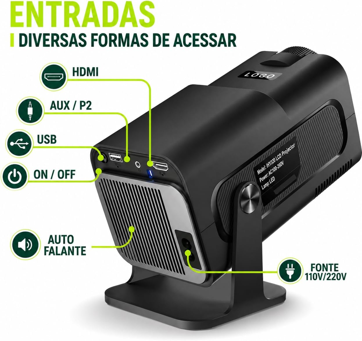 Mini Projetor Hy320 Portátil 5G Wi-Fi 6 Bluetooth 5.0 Android 11 4K 1080P Full HD 12000 Lumens LED Auto Correção Trapezoidal Horizontal Rotação 180° Ideal para Projeções Cinemáticas Premium