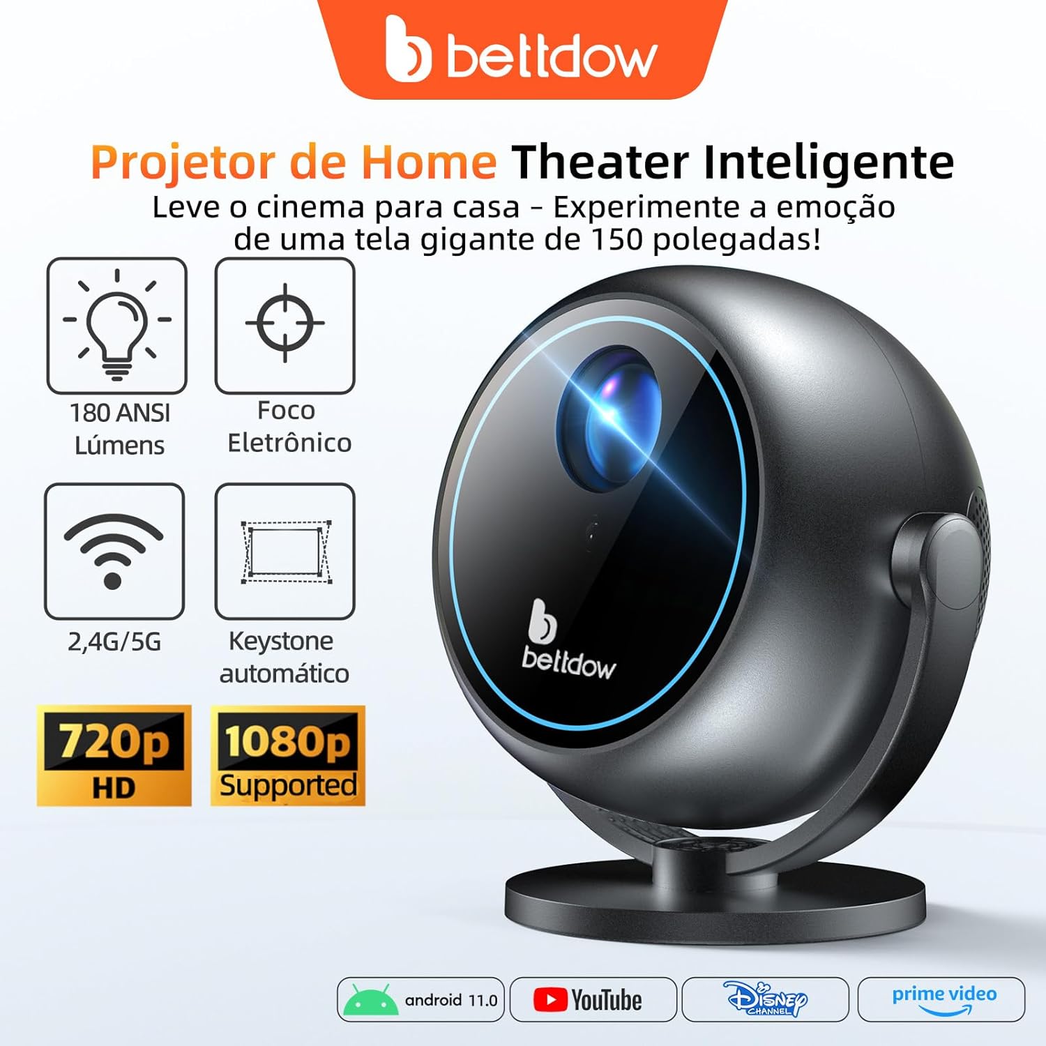 [Foco elétrico]Bettdow Mini Projetor Portatil 360° Tv Android/ios 4k 1080p 9000 Lumens
