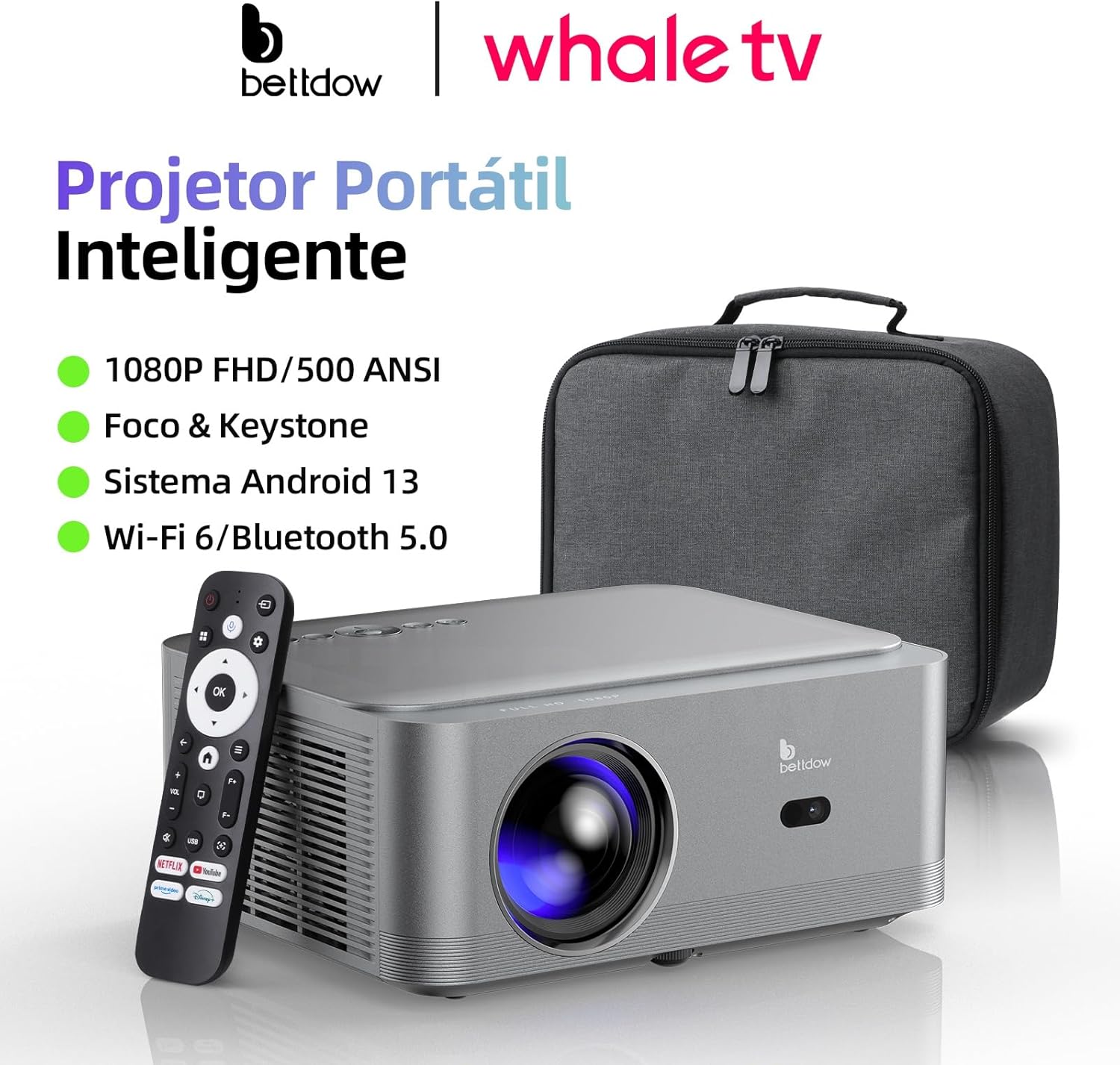 Bettdow Projetor 4k 8k 18000 Lumens [Netflix-Licensed] Hd 1080p nativo, Smart Projetores Retroprojetor Portatil 500 ANSI WiFi 6 BT 5 HDMI2.1, Auto Correção Trapezoidal, Foco Eletronico AC1082