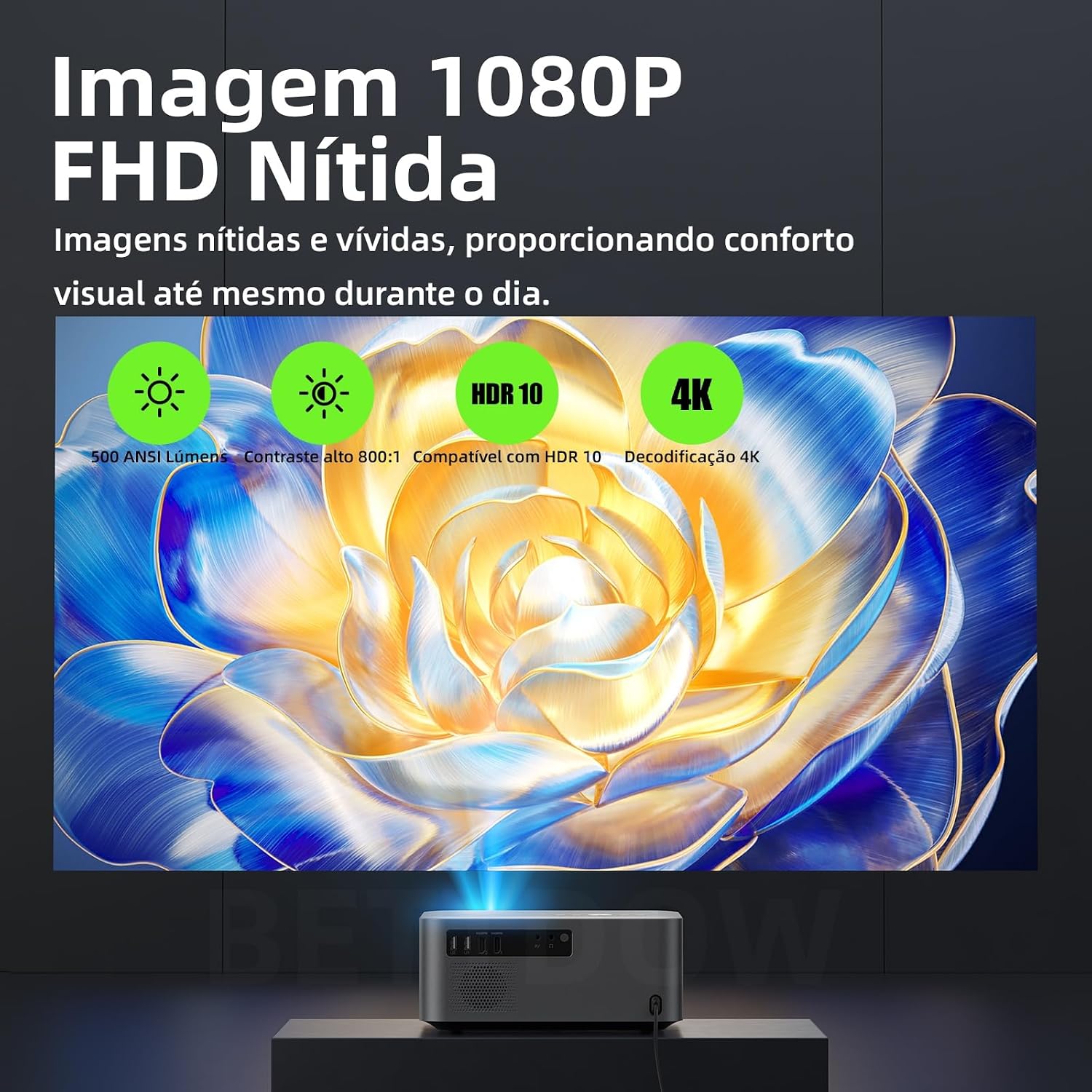 Bettdow Projetor 4k 8k 18000 Lumens [Netflix-Licensed] Hd 1080p nativo, Smart Projetores Retroprojetor Portatil 500 ANSI WiFi 6 BT 5 HDMI2.1, Auto Correção Trapezoidal, Foco Eletronico AC1082